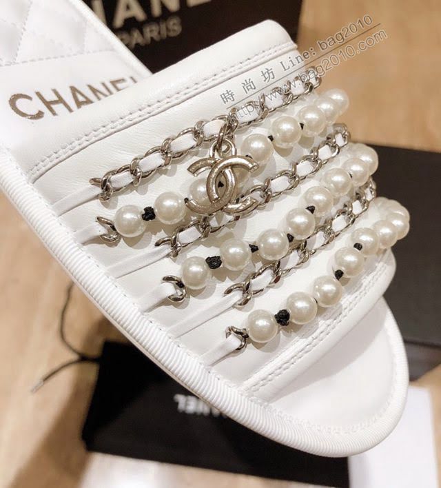 Chanel女鞋 香奈兒2020新款珍珠鏈條拖鞋  naq1292